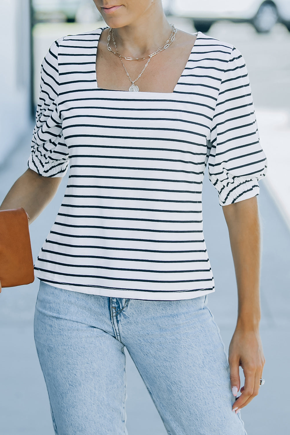 Full Size Striped Half Puff Sleeve Square Neck T-Shirt