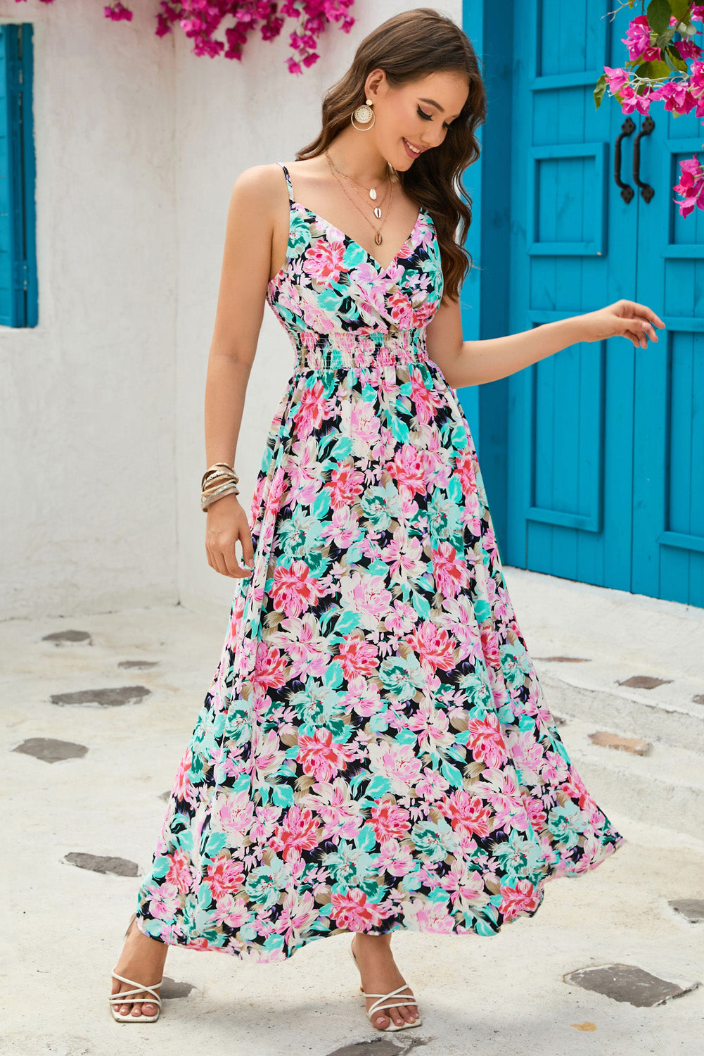 OCEANSIDE Floral Spaghetti Strap Surplice Neck Maxi Dress