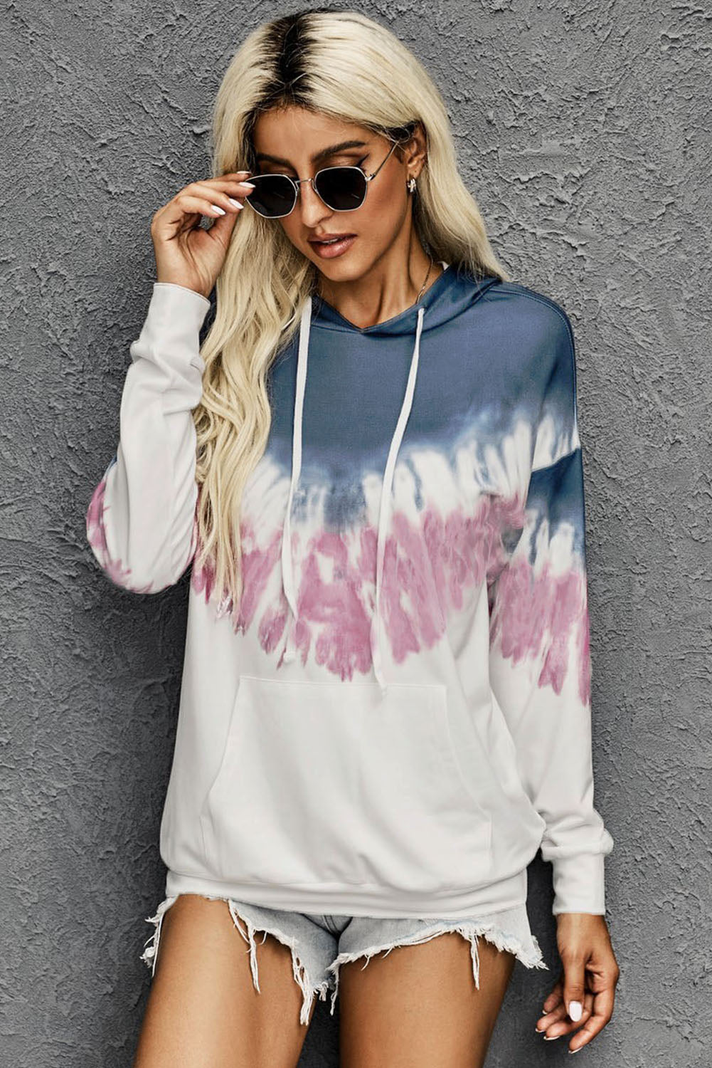 Full Size Oversized Boho Blue Tie-dye Drop Shoulder Hoodie