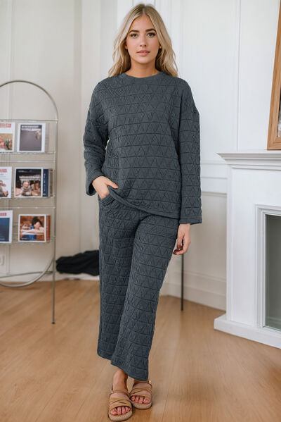 Round Neck Top and Pocketed Pants Black Lounge Set