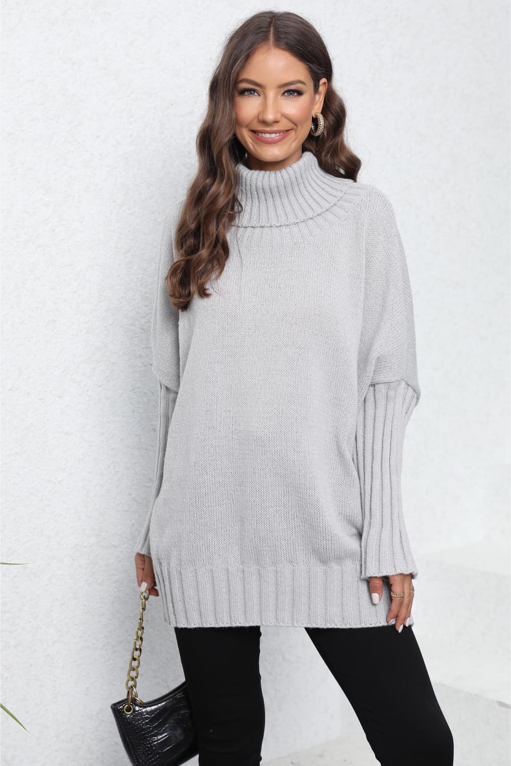 One Size Turtle Neck Long Sleeve Ribbed Sweater