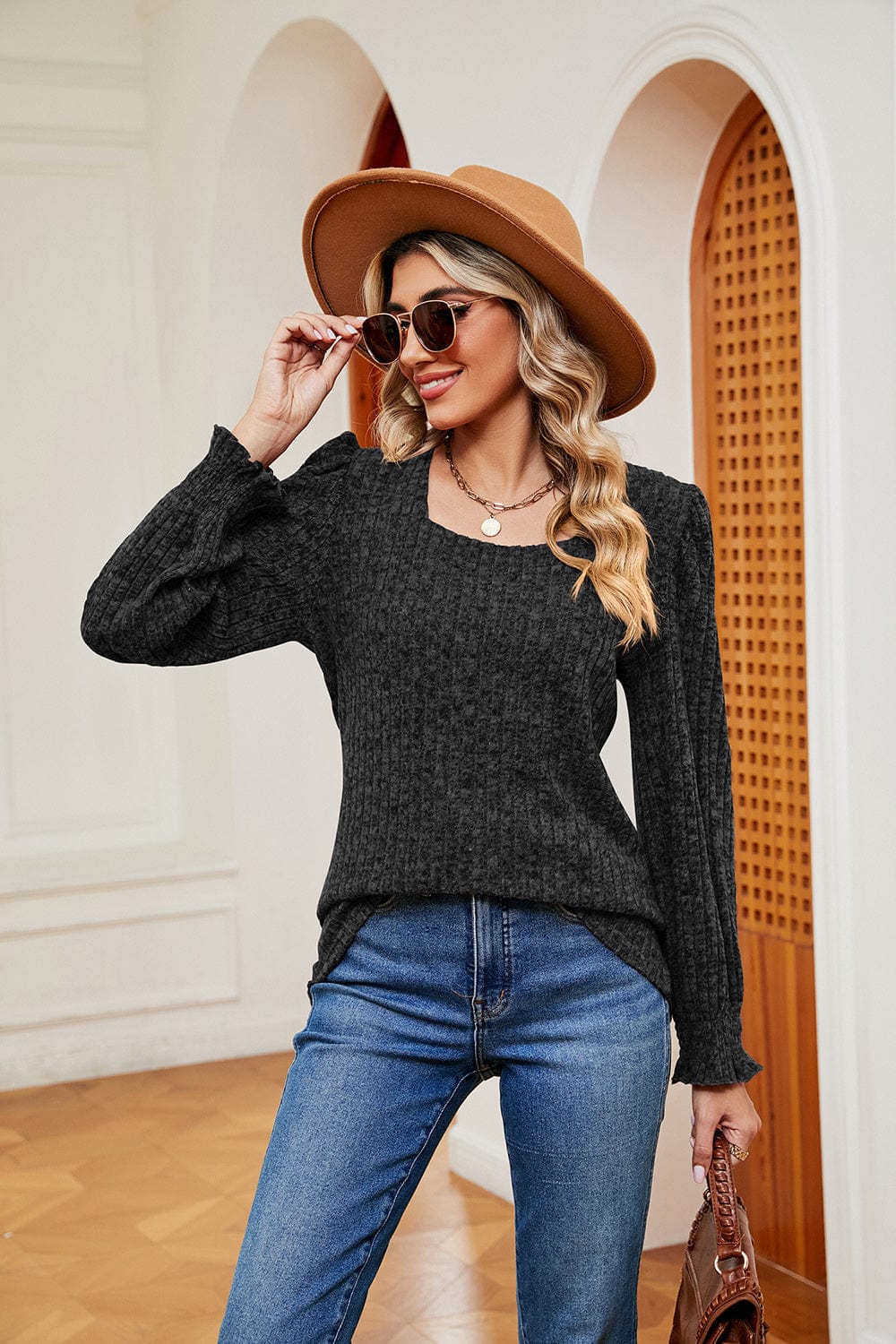 Full Size Square Neck Puff Sleeve Top