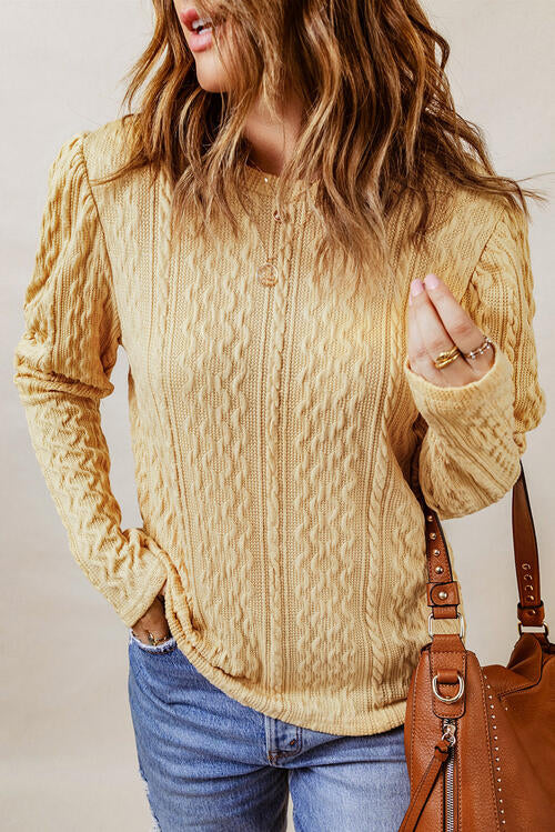 Yellow Green Cable-Knit Round Neck Long Sleeve Blouse