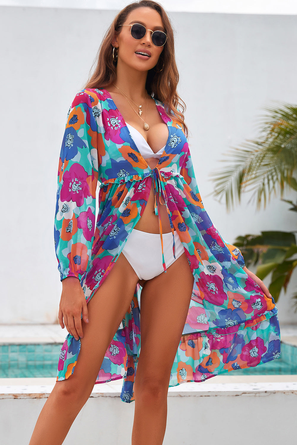 Hannah Sheer Printed Long Sleeve Tie Front Cover Up