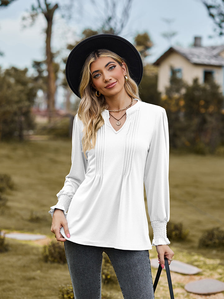 Full Size Notched Neck Flounce Sleeve Blouse