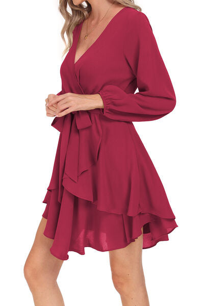 Larissa Bea Tied Surplice Balloon Sleeve Layered Dress