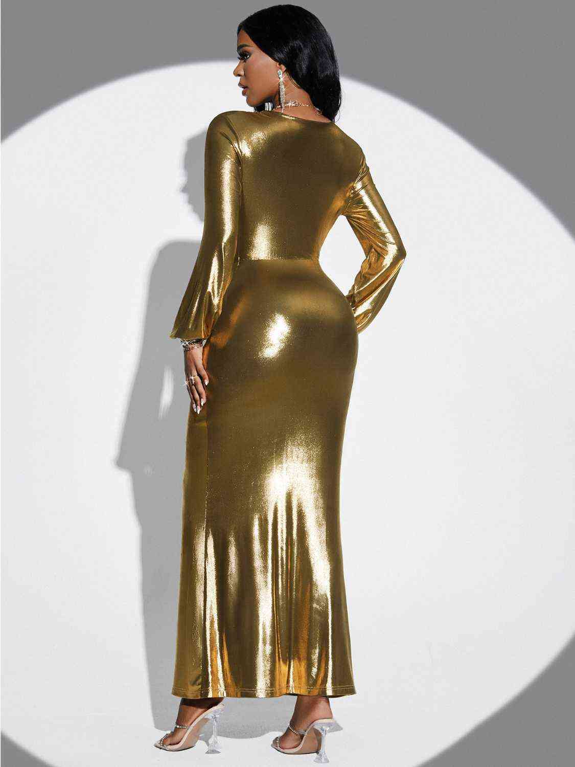 SoBeautiful Gold Plunge Twisted Slit Midi Dress