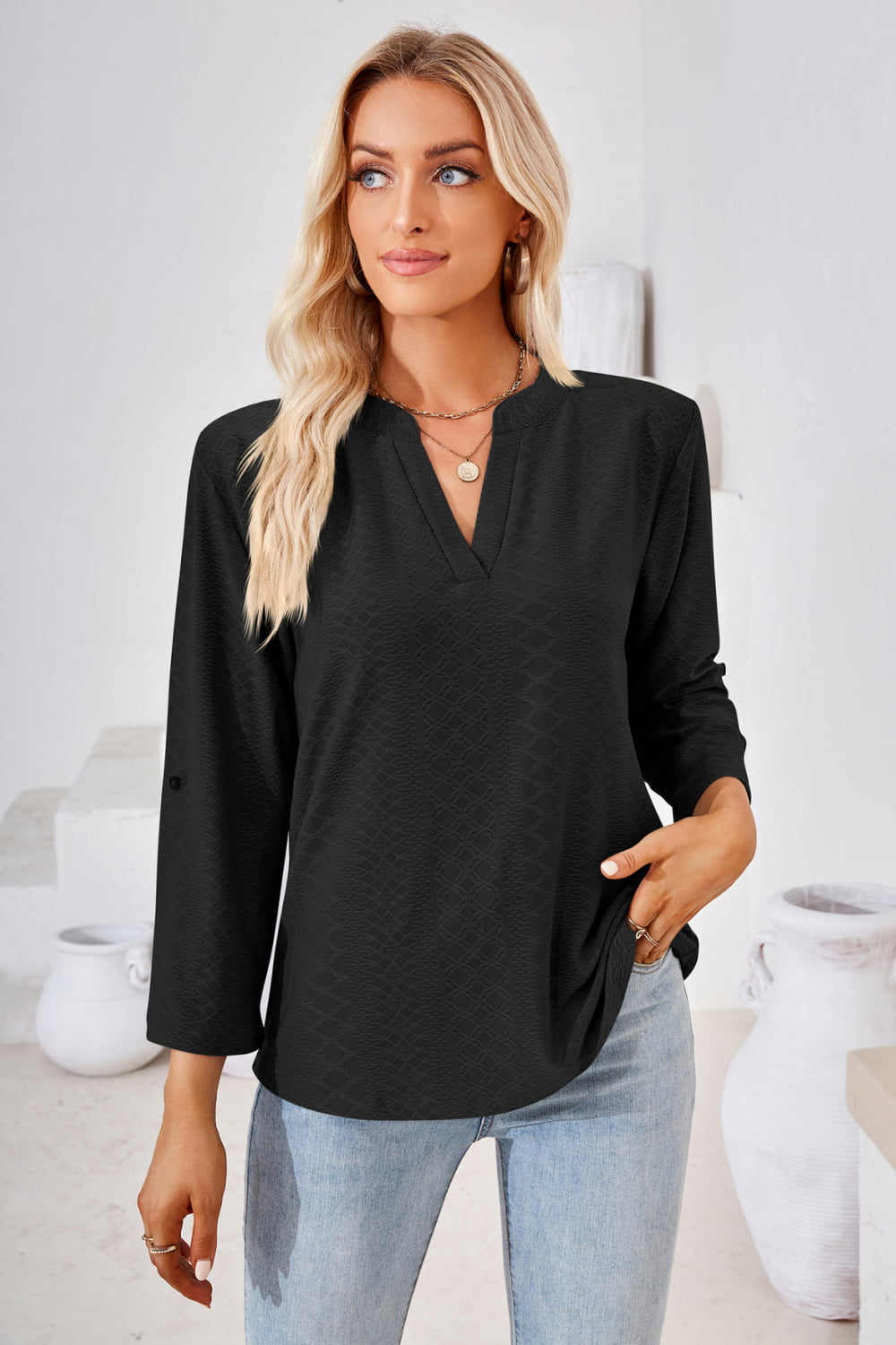 Full Size V-Neck Roll-Tap Sleeve Blouse