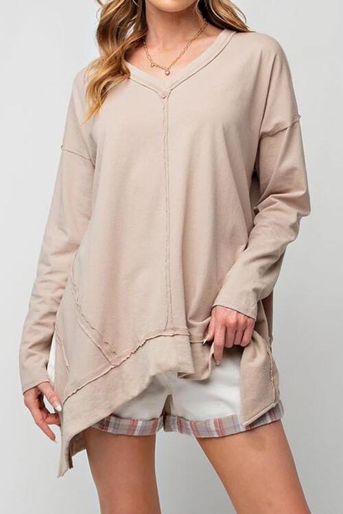 Exposed Seam V-Neck Long Sleeve Slit Sweatshirt