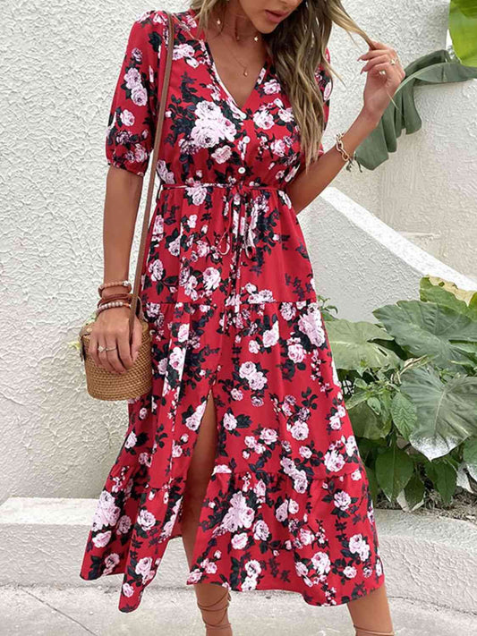 Red Floral Split Tie-Waist Dress