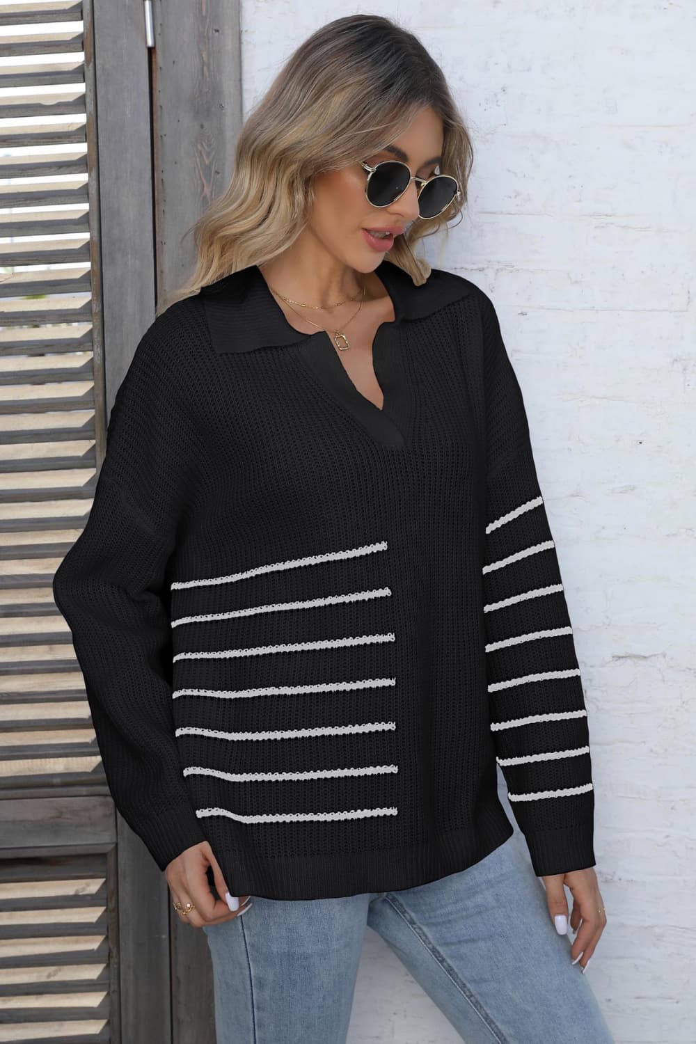 One Size Ribbed Notched Neck Striped Long Sleeve Sweater