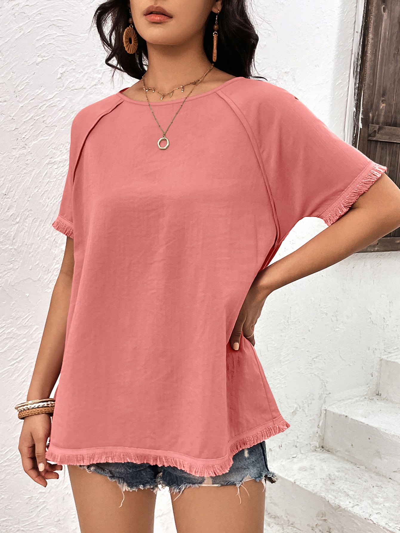 Women's Round Neck Raglan Sleeve Fringe Detail Top