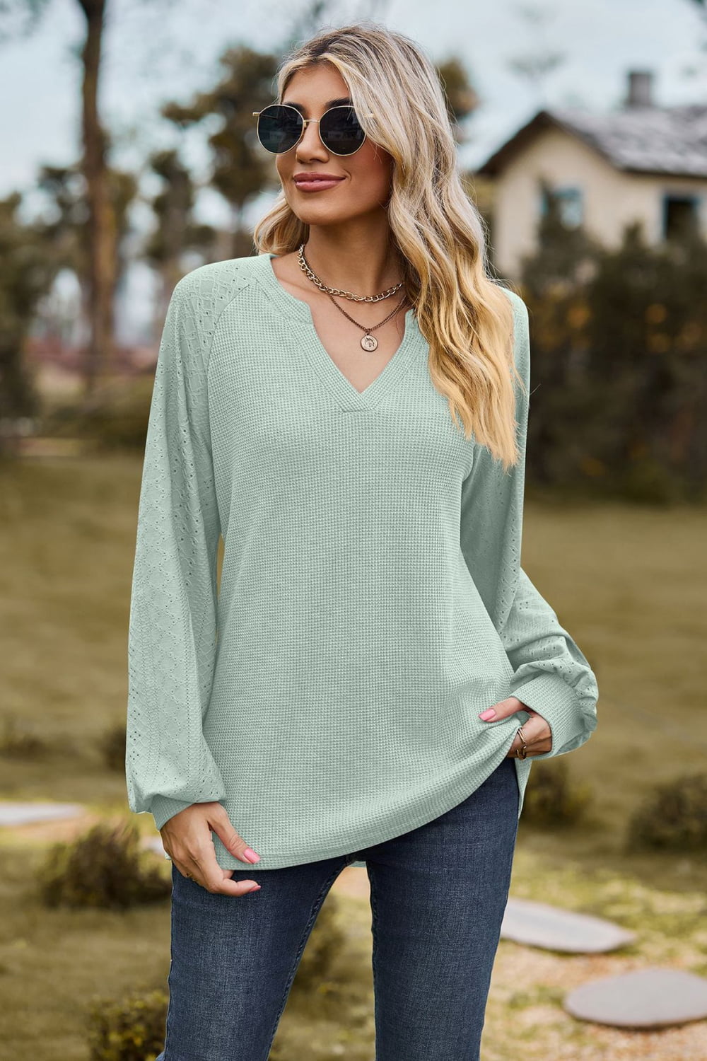 Full Size Notched Neck Raglan Sleeve Blouse