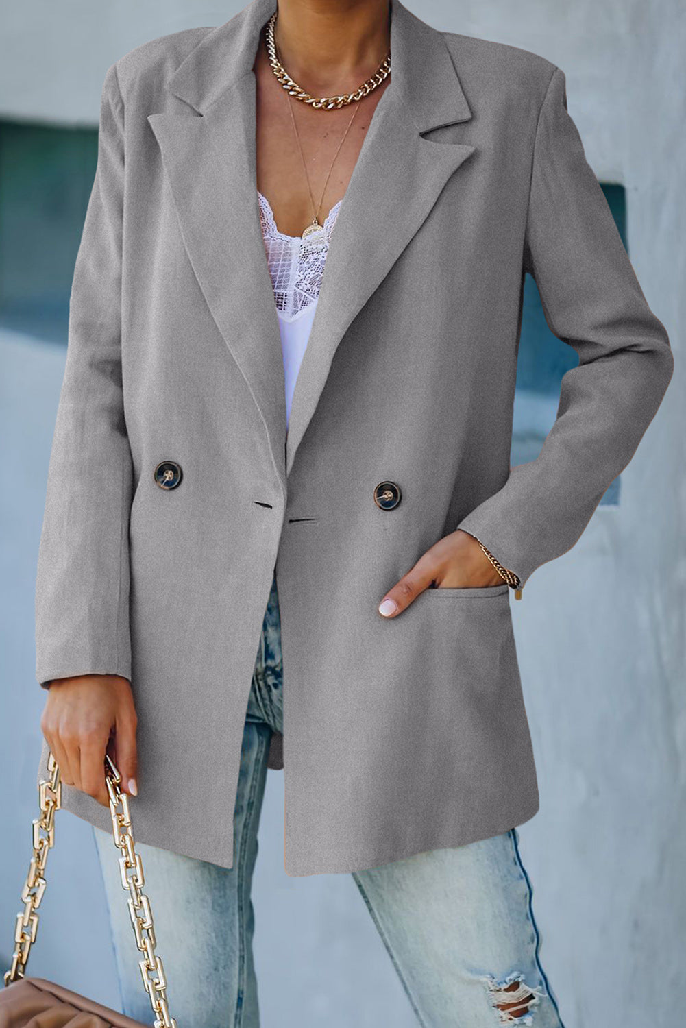 Full Size Double-Breasted Padded Shoulder Blazer with Pockets