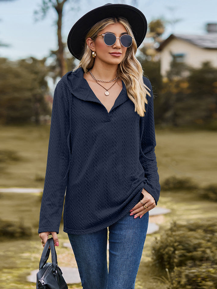 Full Size Cable-Knit Hooded Blouse