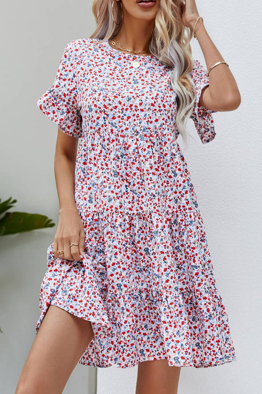 Women's Ditsy Floral Flounce Sleeve Tiered Dress