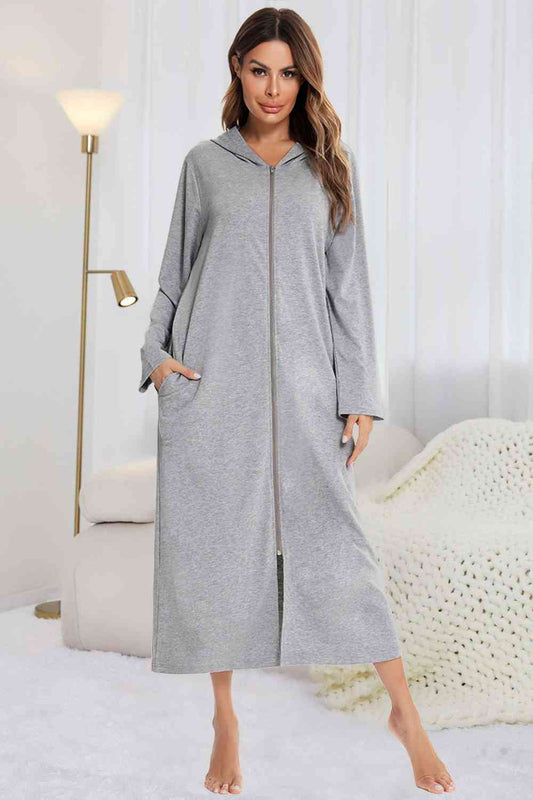 Full Size Zip Front Hooded Night Dress with Pockets