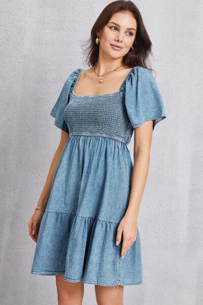 Larissa Bea Smocked Square Neck Mini Denim Dress