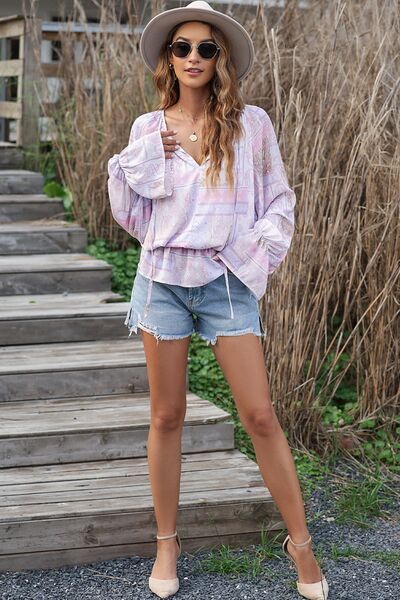 BeyondeBeauty Lavender Printed Tie Neck Flounce Sleeve Blouse