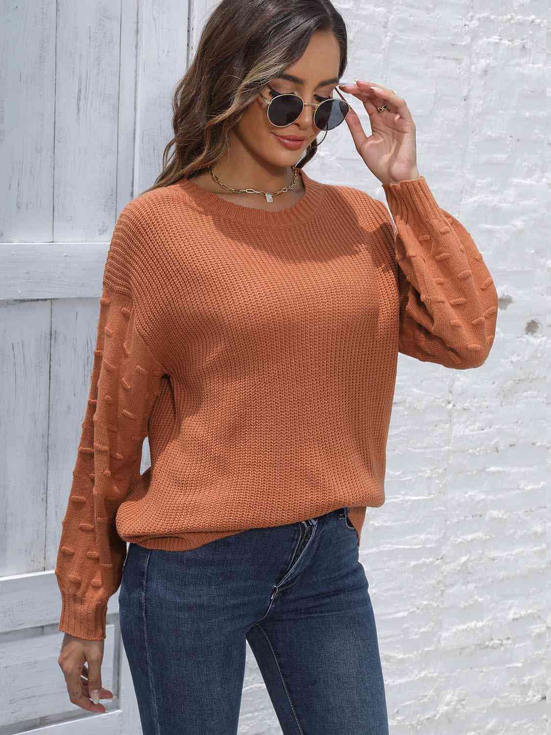 One Size Round Neck Dropped Shoulder Sweater