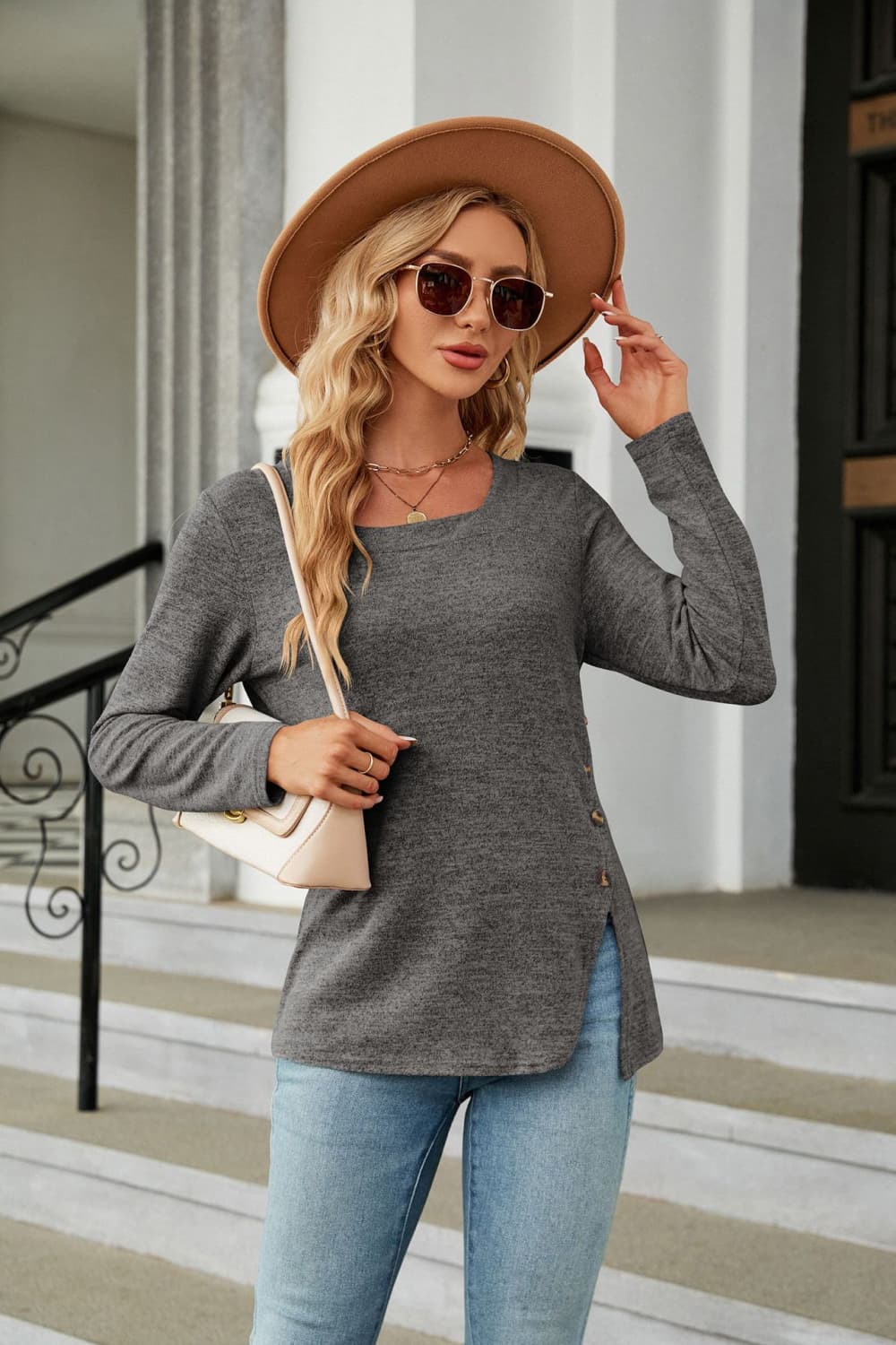 Full Size Square Neck Long Sleeve Slit T-Shirt