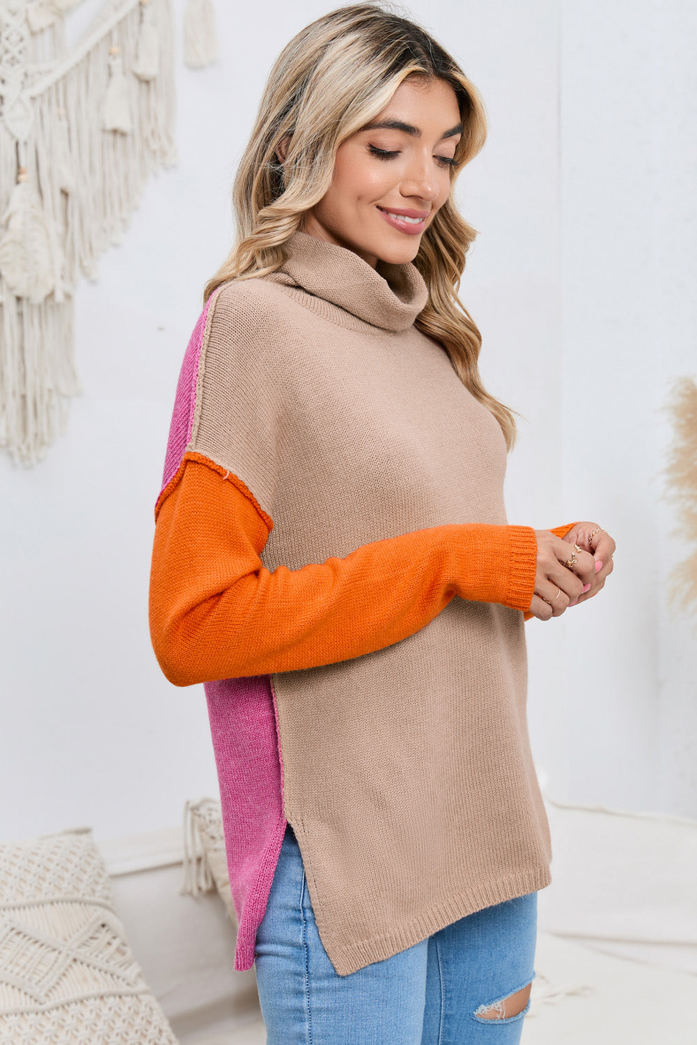 Beautiful Browns Full Size Turtle Neck Dropped Shoulder Slit Sweater 🦋