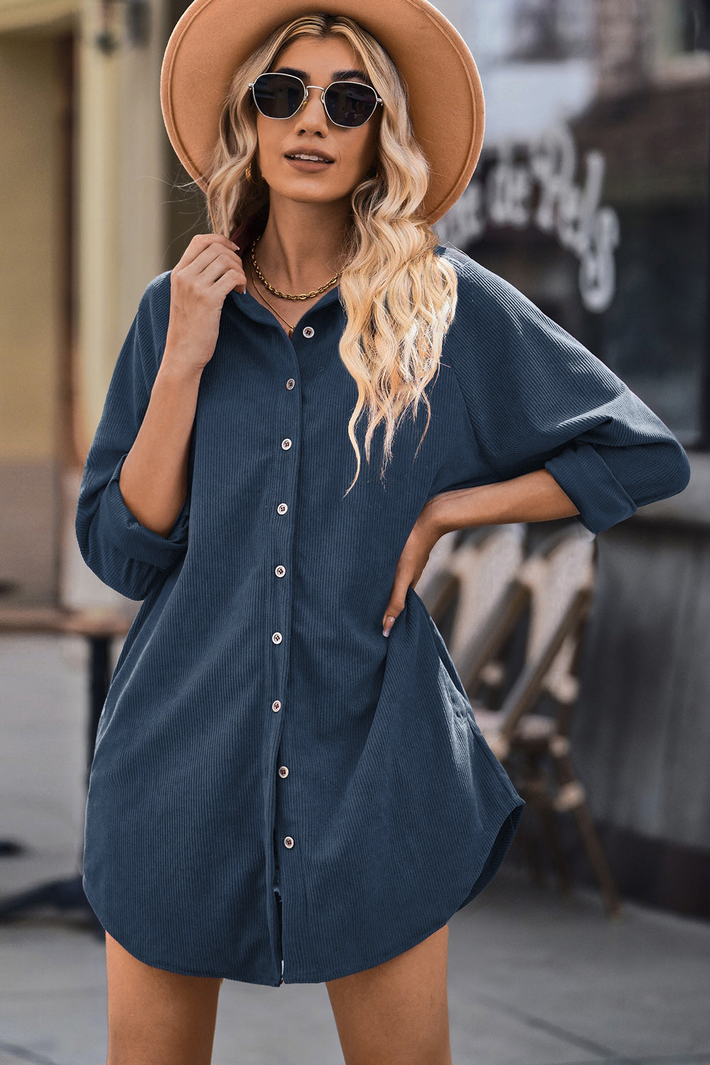 Women's Button Front Curved Hem Raglan Sleeve Shirt Dress