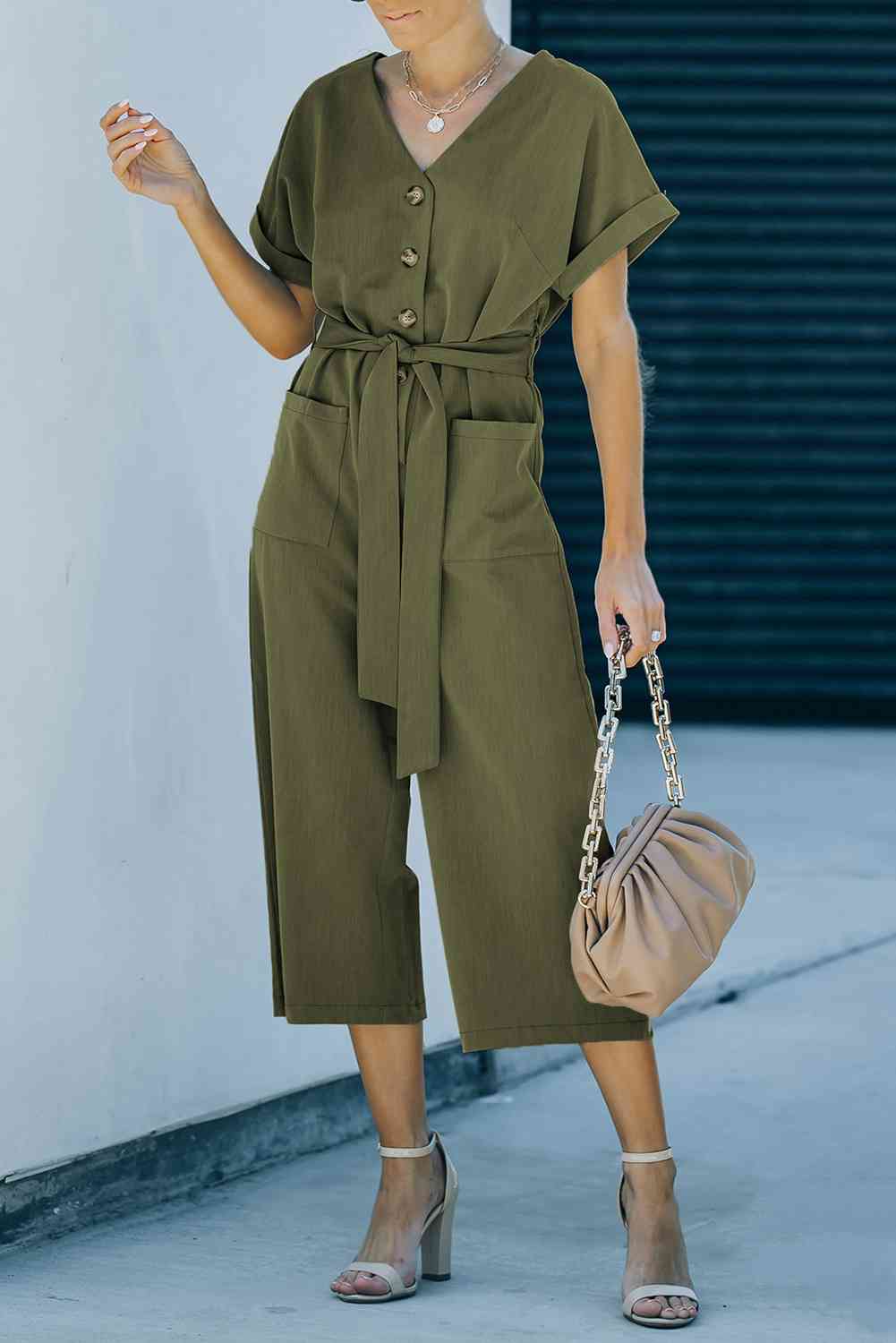 DuskJumpers Tie-Waist Buttoned Cropped Jumpsuit