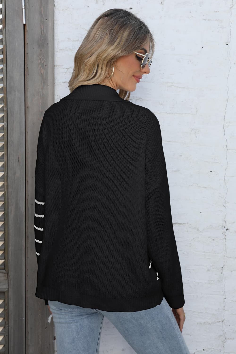 One Size Ribbed Notched Neck Striped Long Sleeve Sweater