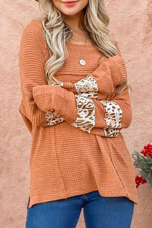 Sherbet Orange Waffle-Knit Leopard Long Sleeve Slit Blouse