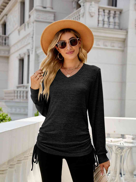 Full Size Drawstring V-Neck Long Sleeve T-Shirt