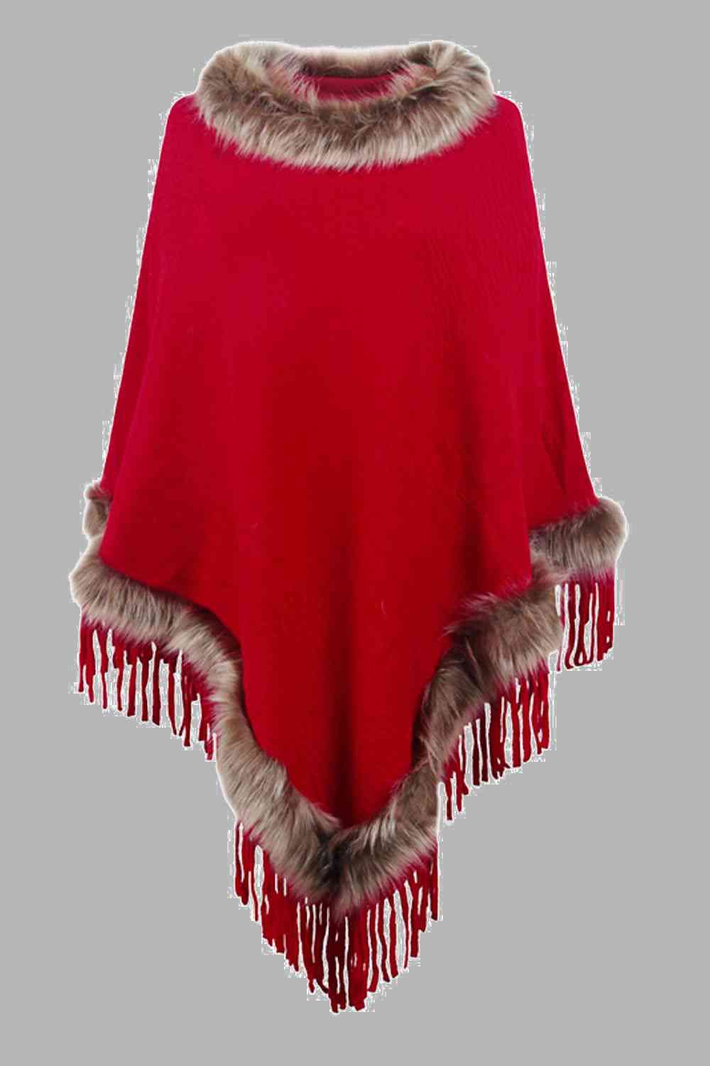 Country Rustic One Size Faux Fur Trim Fringed Poncho