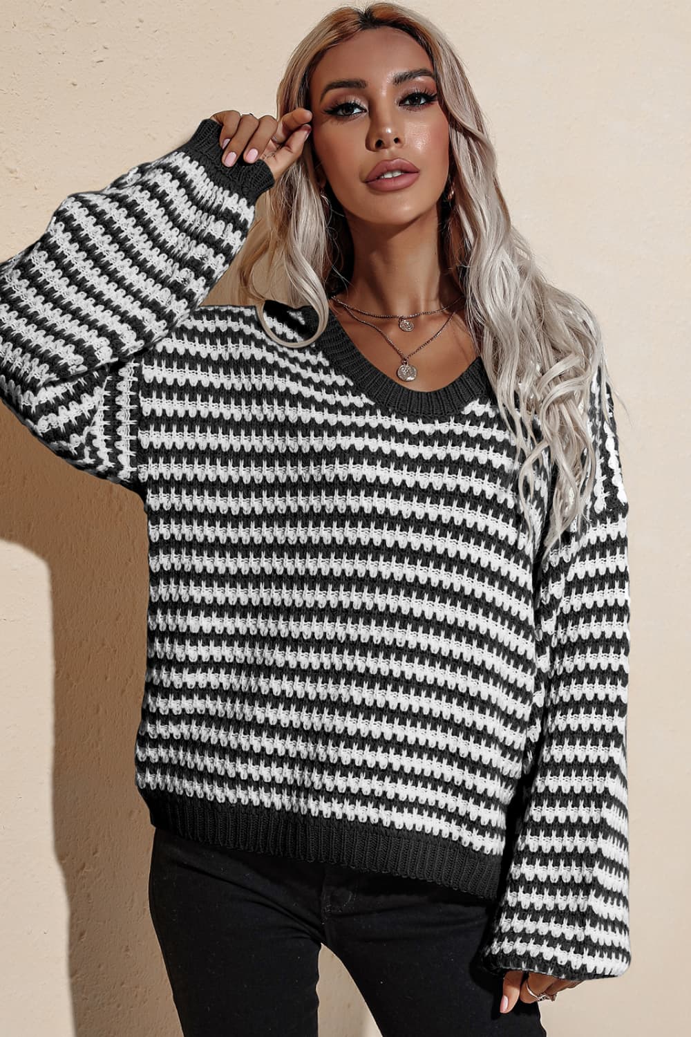 ZELDAlea Striped Dropped Shoulder Sweater