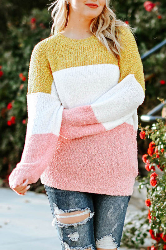Sunny Yellows Plus Size Color Block Round Neck Sweater 🦋