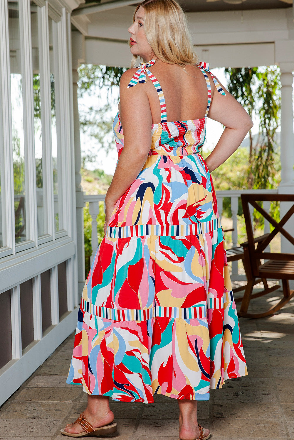 IdeationJovial Plus Size Printed Tie Straps Straight Neck Maxi Dress