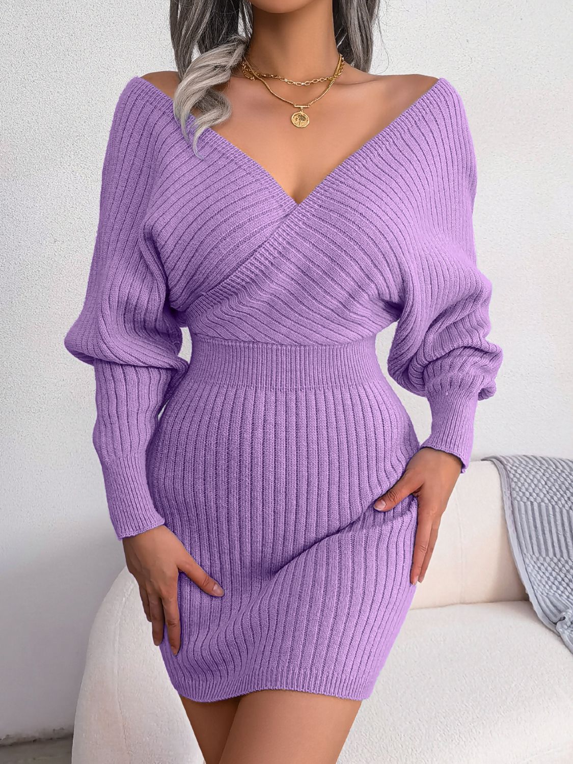 Delilah Rib-Knit Dolman Sleeve Sweater Dress