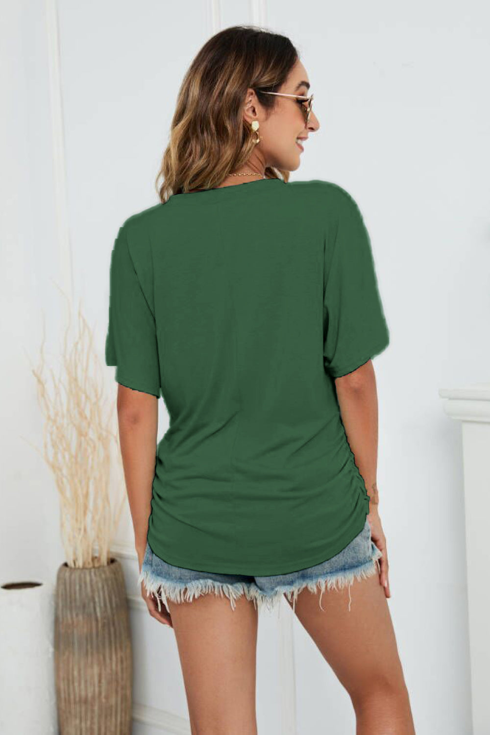 Full Size V-Neck Side Ruched Tee