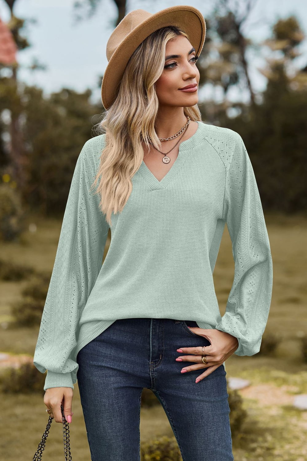 Full Size Notched Neck Raglan Sleeve Blouse