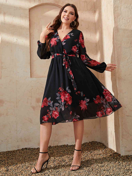 Plus Size Black Floral Surplice Neck Tie Waist Dress