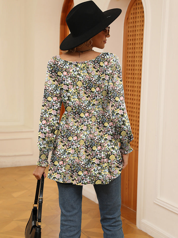 Full Size Printed V-Neck Lantern Sleeve Blouse