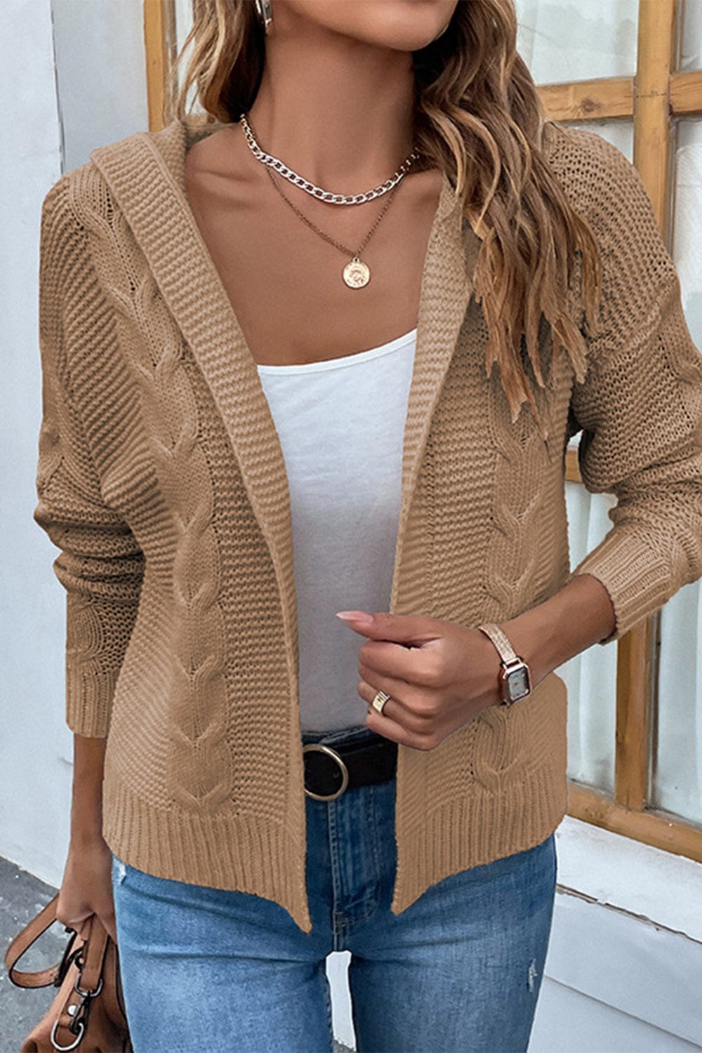 LakenLea Cable-Knit Dropped Shoulder Hooded Cardigan