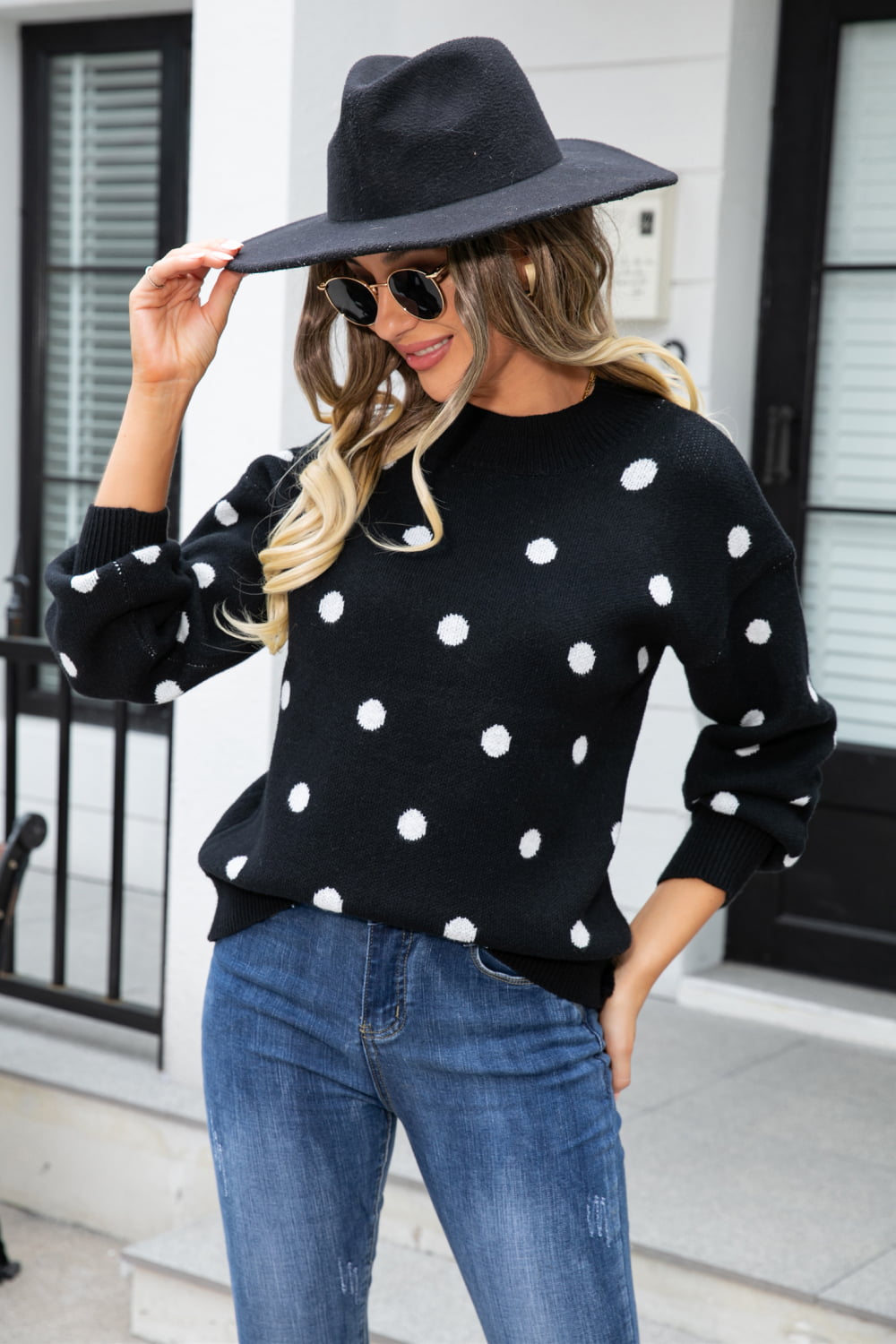 Polka Dot Round Neck Dropped Shoulder Sweater