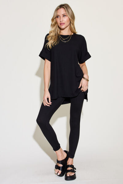 Zenana Plus Size Black Short Sleeve Slit T-Shirt and Leggings Lounge Set