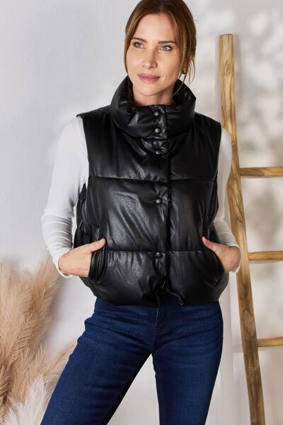 Love Tree Black Faux Leather Snap and Zip Closure Vest Coat