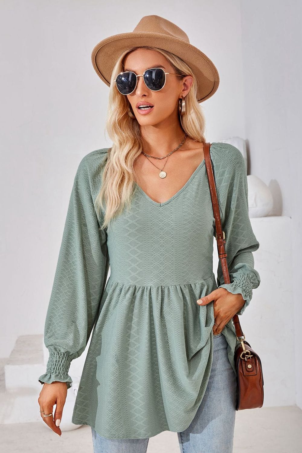 Full Size V-Neck Lantern Sleeve Blouse