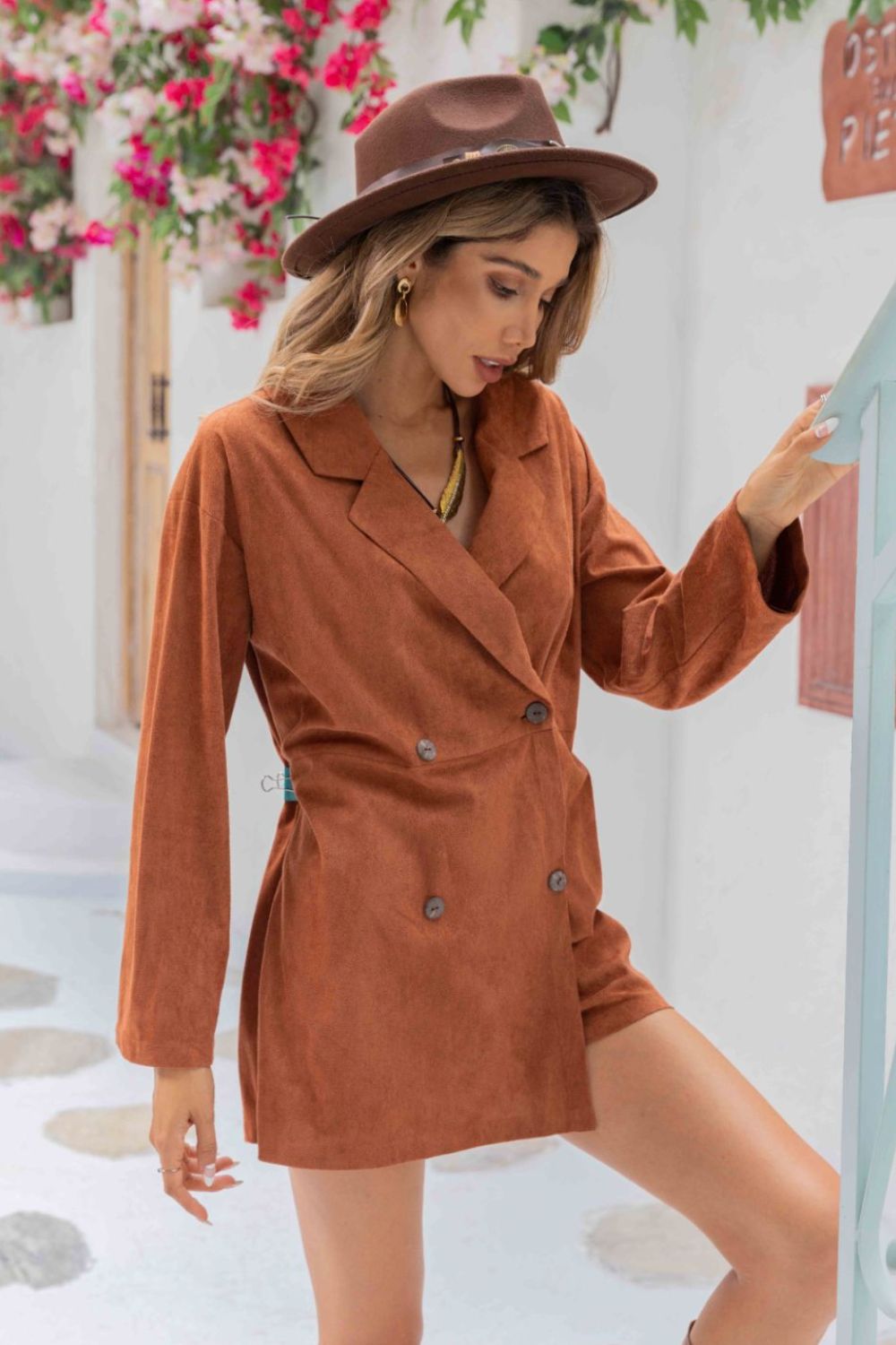 Ochre Brown Lapel Collar Long Sleeve Romper