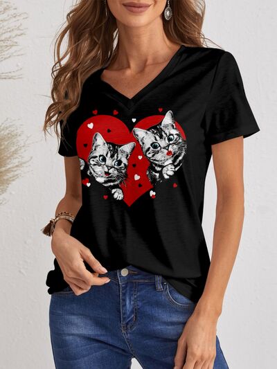 Cat V-Neck Short Sleeve T-Shirt