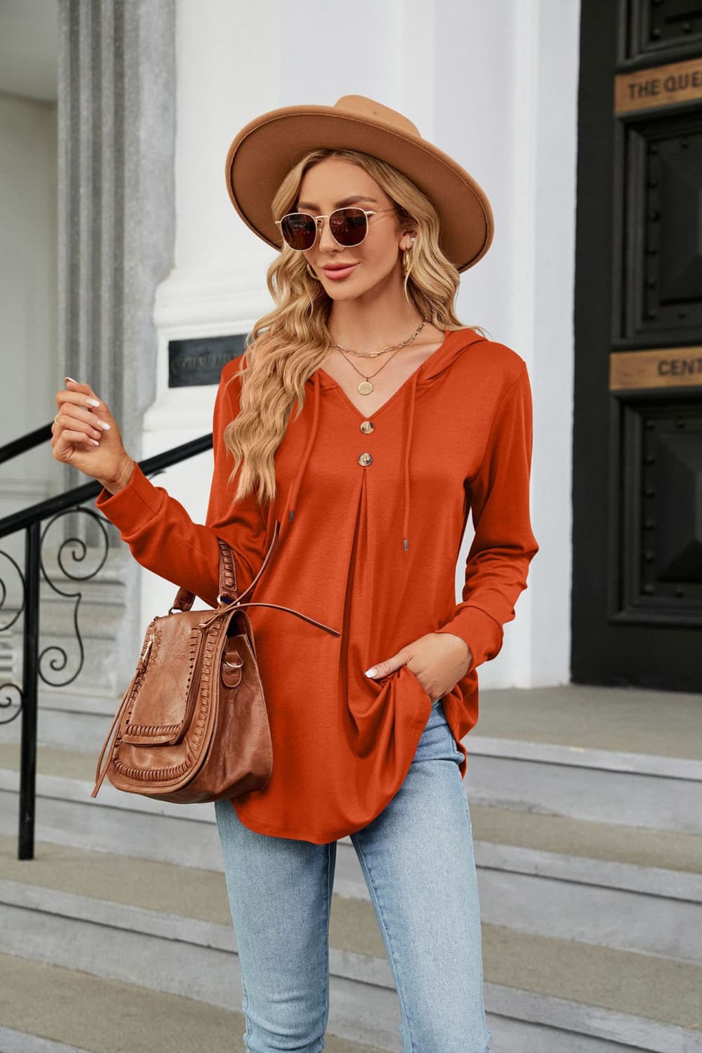 Full Size Long Sleeve Hooded Blouse