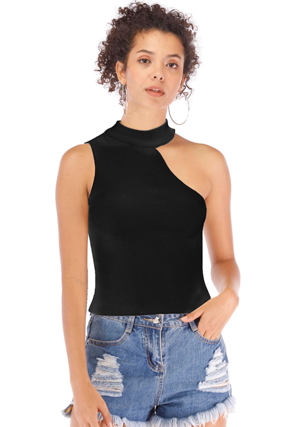 OCEAN CHIC Asymmetrical Sleeveless Rib-Knit Top