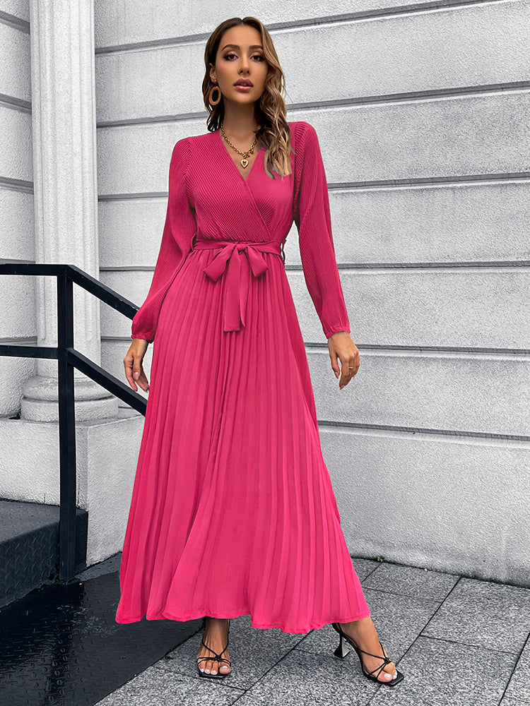 Full Size V-Neck Tie Waist Pleated Maxi Dress